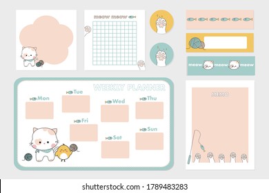 Set of cute kitten note papers ,sticker and sticky tape. Collection of weekly planner and notepad. Blank post for message, to do list, memory template ,text box ,banner frame background vector illustr