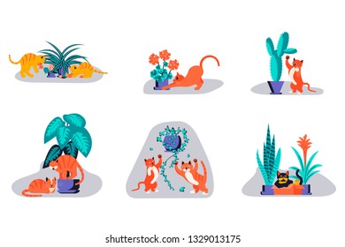 Set of Cute kitten play with houseplant. Funny cat colorful concept isolated on white background. Naughty cat eating house plant. Flat Art Vector illustration