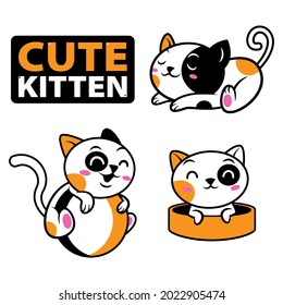 Set of cute kitten, playing a ball, bathing on bathtub, sleeping, with "cute kitten" text effect, suitable for sticker, decoration, t-shirt design for children