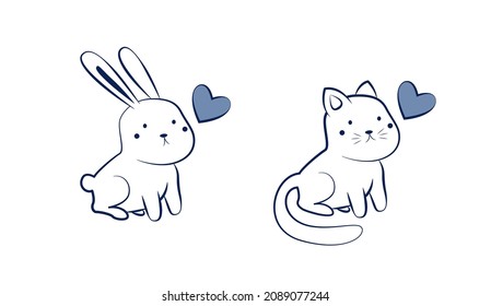 set of cute kitten and rabbit with a heart. a kitten drawn with a line