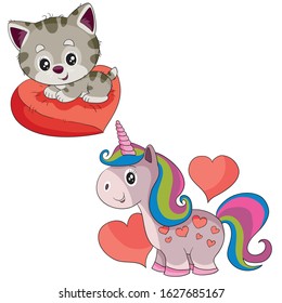 set of cute kitten sitting on a pillow in the shape of a heart and a unicorn, isolated object on a white background