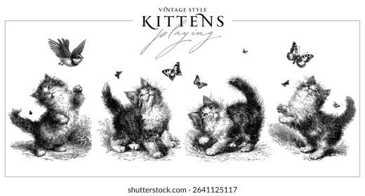 Set of cute kittens playing with butterflies and bird, all isolated on white background. Vintage ink drawing style vector illustration.