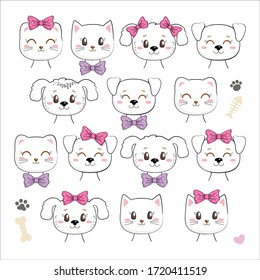 Set of cute kittens and puppies with bows isolated on white background. Kawaii cat and dog character. Useful for many applications (stickers, prints for apparel, scrapbooking projects ets).