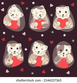 Conjunto de gatitos lindos con ilustración del vector del corazón rojo, icono. El gato de dibujos animados luce un color beige rosado. Ánimo romántico, amor, Día de San Valentín.