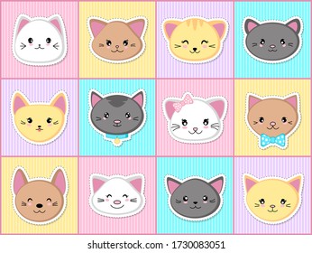 Set of cute kittens stickers in the style of kawaii. Cat faces. Vector illustration.