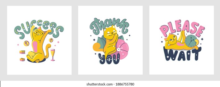 The set of cute kittens for web designs. Collection of cartoonish cats is good for postcard, clothes, cards, t-shirts, family looks, etc. The lettering compositions are vector illustrations