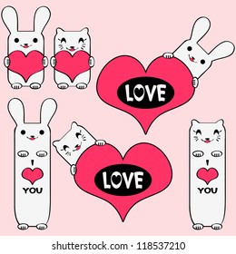 Set of cute kitties and bunnies holding hearts