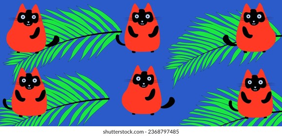 Set of Cute kitty cat vector orange cat blue background illustration set with cat breeds, toys cartoon palm decor branch - Shutterstock ID 2368797485