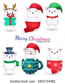 Set of cute kitty christmas day illustration. Premium Vector