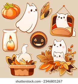 Set of cute kitty ghosts in kawaii style. Halloween collection of stickers with little cat ghost, pumpkin, candle. Vector illustration EPS10