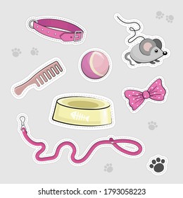 Set of Cute Kitty stuff. Dog and cat collar and leash. Pet Shop or Vet Concept. Vector illustration isolated on white background. Cartoon pet care. Funny lovely goods for pet hotel.