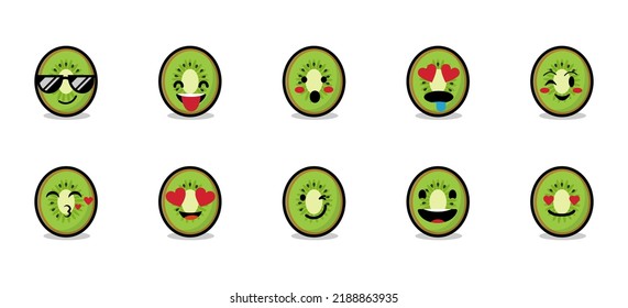 Set of cute kiwi emojis. Vector illustration isolated on white background