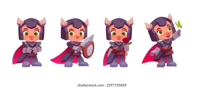 Set of cute knight with shield and sword. Vector romantic character with rose butterfly. Hero in helmet and armor for medieval rpg game. Isolated cartoon clipart for creative storytelling about prince