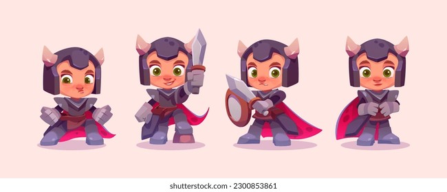 Set of cute knight with shield and sword. Vector kid imagination character. Hero in helmet and armor for medieval rpg game. Isolated cartoon clipart for creative storytelling about prince.