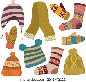 Conjunto de roupas bonitas de malha quente. Ilustração colorida de itens de guarda-roupa de lã