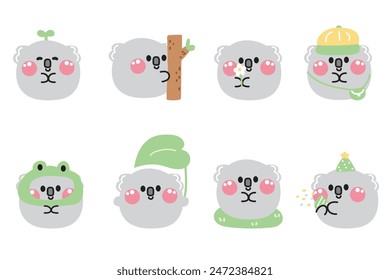 Set of cute koala bear round shape pastel in various poses on white background.Wild animal character cartoon design collection.Kawaii.Vector.illustration.