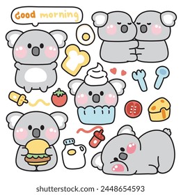 Set of cute koala bear various poses in breakfast concept.Wild animal character cartoon design.Bread,egg,tomato,cheese,milk,hamburger drawn.Kid graphic.Kawaii.Vector.Illustration.