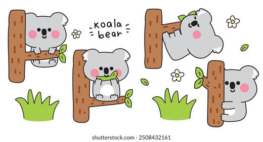 Set of cute koala bear in various poses stay on tree.Nature.Flower.Leaf.Grass.Wild mammals animal character cartoon design.Kawaii.Vector.Illustration.