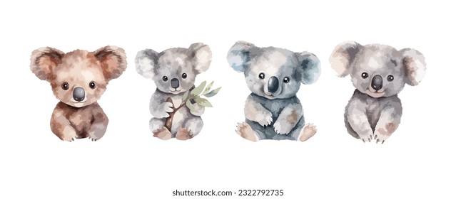 Set von süßem Koala Bär Wasserfarbe einzeln auf weißem Hintergrund. Vektorgrafik