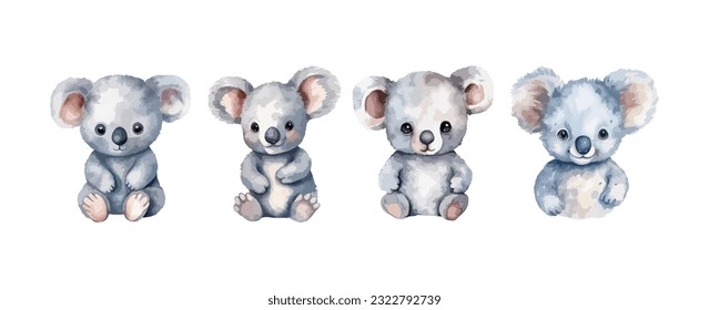 Set von süßem Koala Bär Wasserfarbe einzeln auf weißem Hintergrund. Vektorgrafik