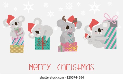 Legen Sie süße Koala-Bären und Geschenkbox. Frohe Weihnachtsgrafik. Bearbeitbare Vektorgrafik