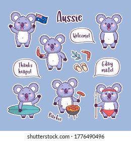 Set of cute koala character and Australian symbols, cute cartoon stickers with koala bear, travel to Australia, vector illustration