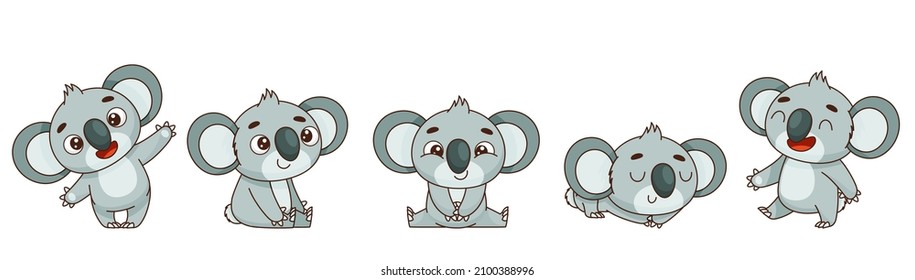 Set with a cute koala in children's cartoon style. Characters sit, stand, wave, sleep, walk. Vector illustrations for designs, prints and patterns.