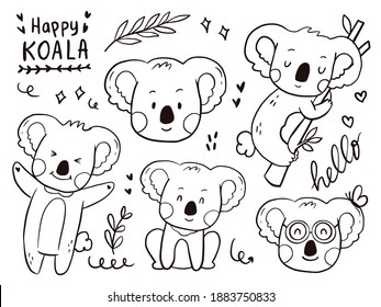 Set of cute koala doodle cartoon for kids coloring and print.
