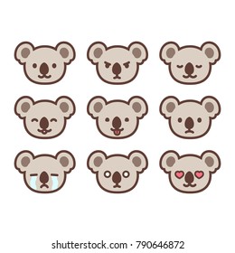 Set of cute koala emoticons with different expressions. Funny emoji faces. Simple cartoon vector illustration.