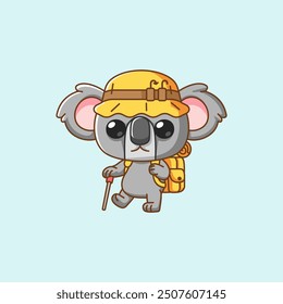 set Cute koala hiking camp kawaii chibi character mascot illustration outline style design