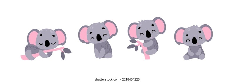 Set Cute Koala. illustration in scandinavian style. Vector print for children room, fabric, paper, greeting card, postcard, card, t shirt, poster, textile.