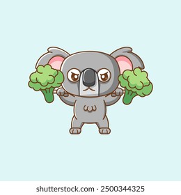 set Cute koala lifting vegetable barbel food kawaii chibi character mascot illustration outline style design