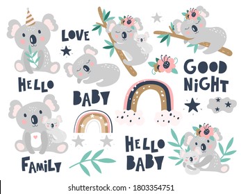 Set with cute koala on a white background. Kids print. Vector illustration.