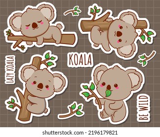 Set cute koala sticker cartoon character. Kawai animal stickers flat design illustration 