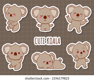 Set cute koala sticker cartoon character. Kawai animal stickers flat design illustration 