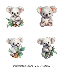 set of cute koala watercolor illustrations for printing on baby clothes, sticker, postcards, baby showers, games and books, Safari jungle animals vector