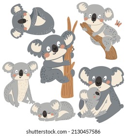 Set of cute koalas. Australian animals funny vector illustration. Koala sleeps, climbs a tree, hugs her baby.