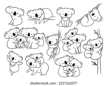 Set of cute koalas with cubs. Collection of koala sitting and posing near the baby. Little funny rainforest pets. Australian Animals. Tropical forest. Vector illustration for zoo card.