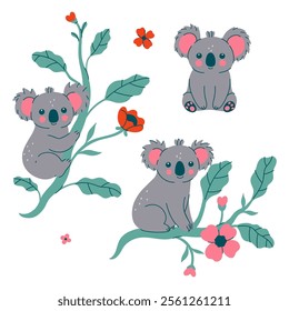 Set of cute koalas and flowers. Vector graphics.