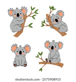 Set of cute koalas isolate on white background. Vector graphics.