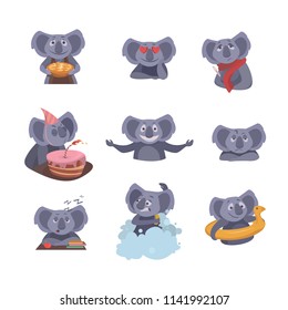 Set of cute koalas isolated on white background. Koala with a pie, Birthday koala, Koala in love etc. Vector illustration