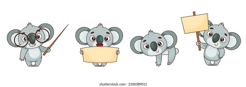 Set of cute koalas with posters, banners, templates, pointers. Set for design in cartoon style. Vector illustrations for designs, prints and patterns.