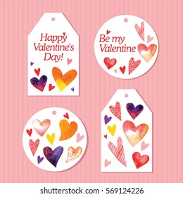 Set of cute labels to celebrate Valentine's Day. Set of Valentine's day artistic hand drawn greeting card or background in trendy style. Templates with lettering and doodle design. Watercolor heart.