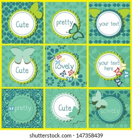 Set of cute labels with floral patterns and butterflies