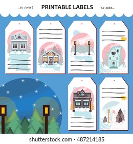 Set of cute labels with illustration of winter house in flat style 