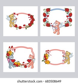 Set of cute labels with roses and teddy bear holding a big heart. Copy space. Vector clip art.