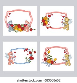 Set of cute labels with roses and teddy bear holding a big heart. Copy space. Vector clip art.