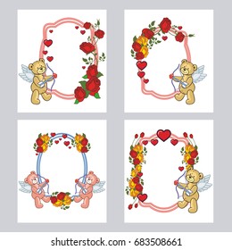 Set of cute labels with roses and teddy bear holding a big heart. Copy space. Vector clip art.