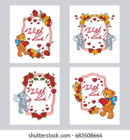 Set of cute labels with roses, teddy bear, hearts and written phrase "With love!". Valentine Day background. Vector clip art.