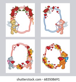 Set of cute labels with roses and teddy bear holding a big heart. Copy space. Vector clip art.